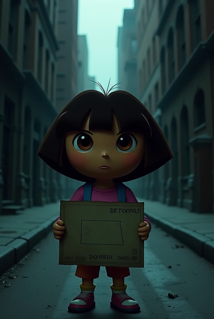 Dora the explorer at end of dark alley ominously with thousand yard gaze a North Dakota map in hand