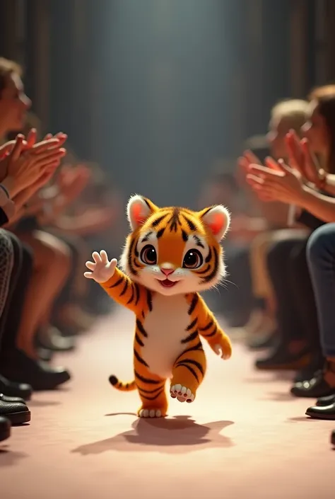 Create realistic photo image of a hybrid baby with tiger parading and waving on a catwalk with a surrounding audience applauding