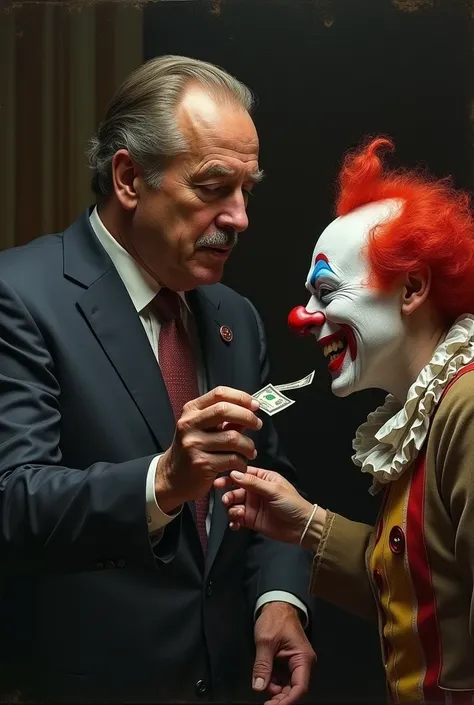 Politician taking money out of the hand of a clown 