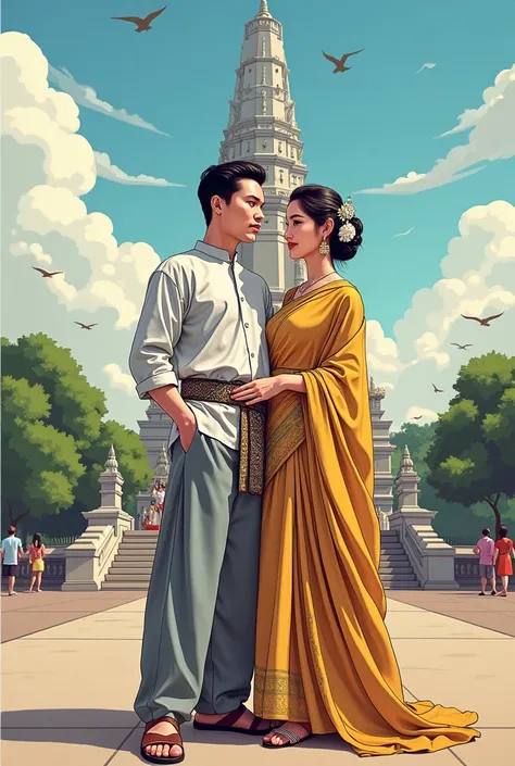 A comic style  of a  Thai couple dressed in traditional Thai attire in red and gold tones, standing at Wat Arun Ratchawararam (Wat Arun) with its iconic and stunning prang as the backdrop.
The man is wearing a silver long-sleeved shirt paired with traditio...