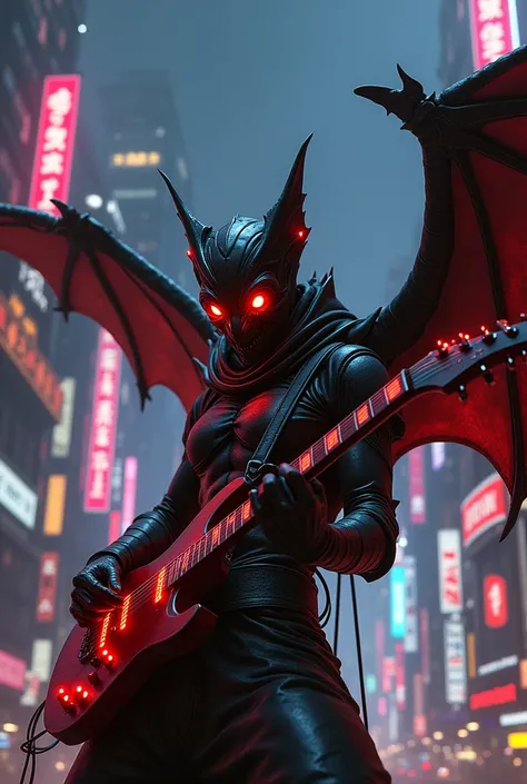 Cyberpunk style city , bat red eyes playing rock