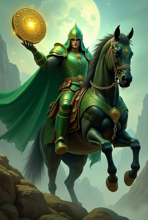 The wizard knight in green armor on horseback and great coin