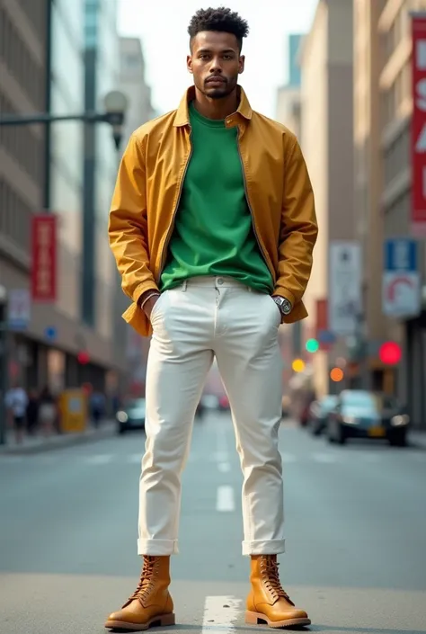 Mens outfit with white pants, mustard boots and green t-shirt