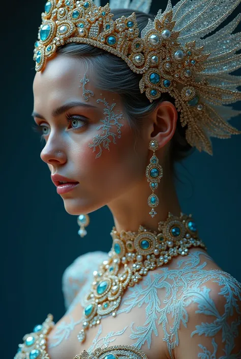 Jewelry Ornaments  ,   fantastic head ornaments with crown  ,  intricate details ,  super realistic, diamonds, rubies, sapphires, emeralds, neck, arms, earrings, all very intricate, Originality , retrato ultra detallado,  beautiful woman very similar to Sc...