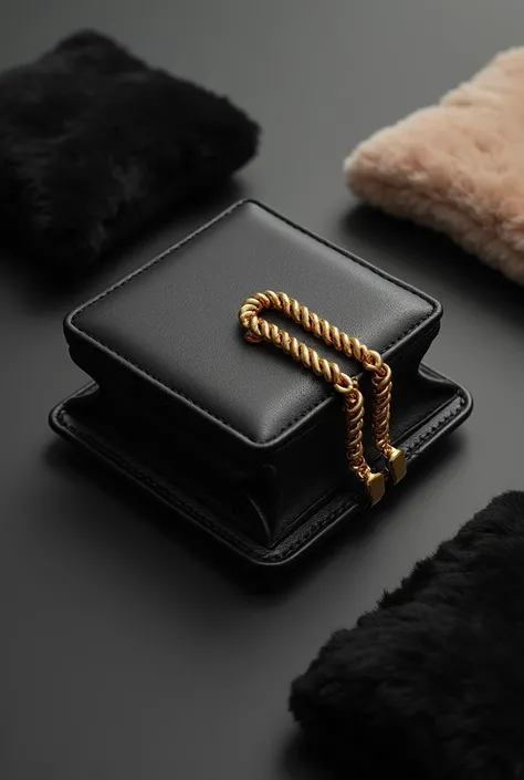 A plush wallet with two gold chain grippers and on the top of the potholders black without cover only square and on the top black perfect but on the top of the handle a black corner and they are two plush potholders 