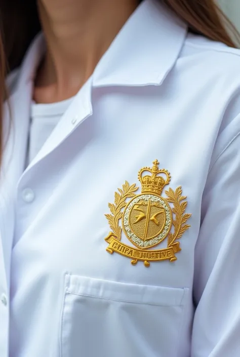  a close-up of a white shirt with a golden crest on it,  a photo of Verónica Ruiz de Velasco , pixabay, quito school,  psychology ,  academic clothing ,  professor clothing , psychological , psychological al,  embroidered robes , academia,  lab robe and t-...