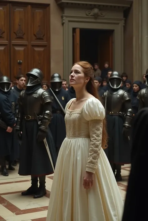 Lady Jane Gray and Queen Mary I’s army, Jane looking distraught as soldiers enter the royal court, Tudor England, Jane in a plain white gown contrasting with the dark armor of the soldiers, a marble-floored courtroom filled with tension, soldiers advancing...