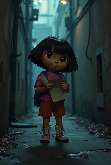 Serial killer Dora the explorer ominously far away at end of dark alley with rolled up map in hand