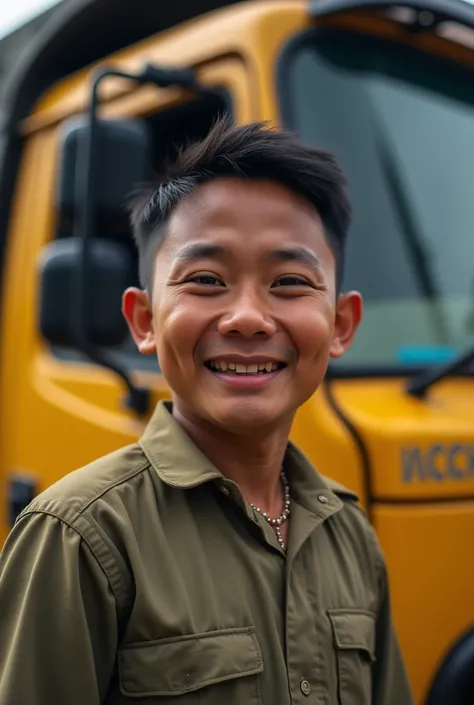 Round face color white Nepali young Father  age around 35 years old image who is a driver and has a yellow and black truck  standing in front of his truck smiling with eyes full of tears... 