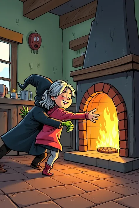  A girl pushing a witch from behind into an oven, Make it sound like a cartoon story 