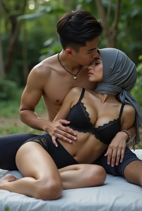 A Indonesia hijab girl, wearing black sexy lace bra, grey satin hijab, soft stomach,wear black seamless panties underwear), showing bra, lying on matress with spreading leg , on the garden, horny face, wear necklace and bracelet, 1 young men wearing short ...