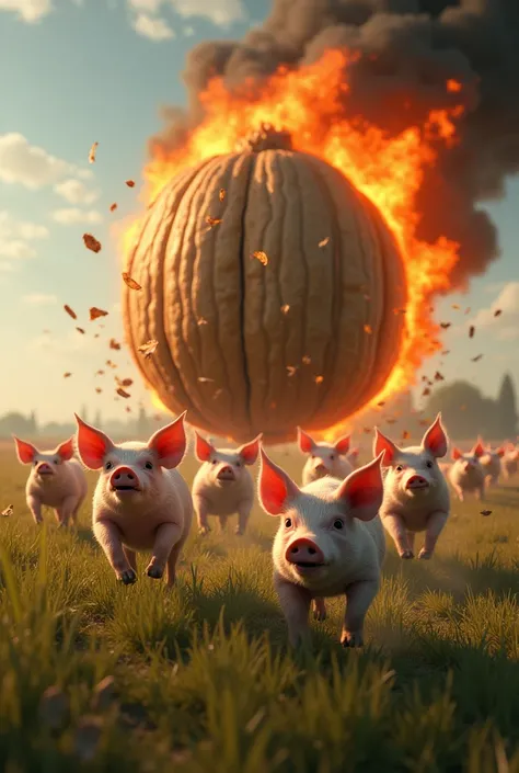 pigs run away from the field in panic and a big fiery walnut is flying at them