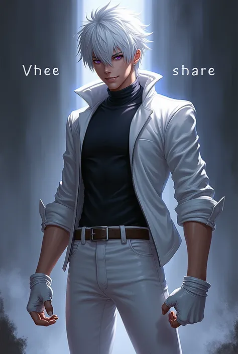 ((masterpiece, best quality)),(complex light),1boy, solo , Edward Grenore ,  fighting stance, 1boy, male focus, solo, white gloves, purple eyes, white hair, jacket, shirt, white pants, grin, belt, full body, hand in pocket, white gloves, black shirt, white...