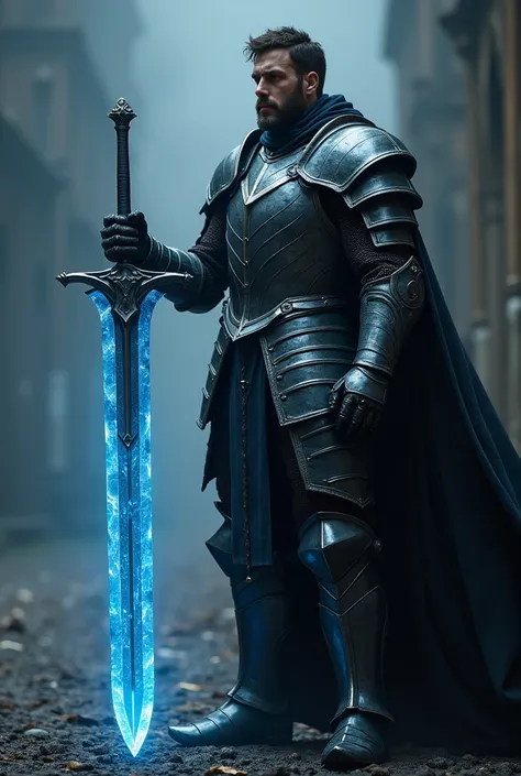 a powerful male knight in a dark medieval armor, holding a blue ice sword, highly detailed, photorealistic, dramatic lighting, cinematic composition, epic fantasy scene, realistic textures, chiaroscuro lighting, muted color palette, moody atmosphere, drama...