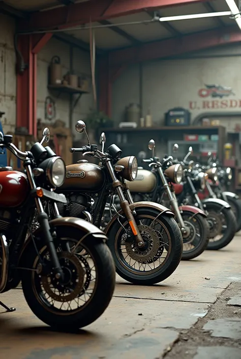  create an ultra realistic image of a motorcycle repair shop, with some motorcycles standing waiting for repair  