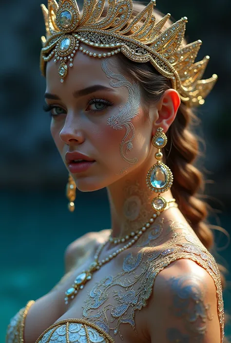 Jewelry Ornaments  ,   fantastic head ornaments with crown  ,  intricate details ,  super realistic, diamonds, rubies, sapphires, emeralds, neck, arms, earrings, all very intricate, Originality , retrato ultra detallado,  beautiful woman very similar to Sc...