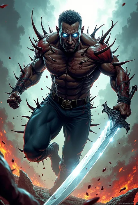 a human man with thorns on his body, with white eyes, very strong, with blood, and with a white sword , flying, comics style