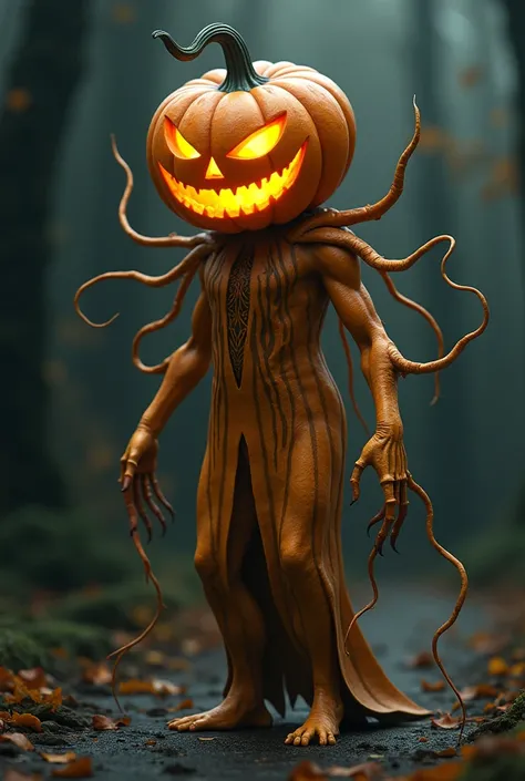 A man instead of a head to have a Halloween pumpkin ,  instead of skin to have an orange-yellow pumpkin peel ,  on the arms and legs in the extreme to have like lianas the stems of the pumpkin on the inside that the pumpkin shines and be full-grown