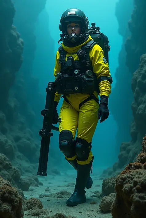 Tall Casual girl in neon yellow shining dive overall with black boots, gloves and helmet walking with a heavy machine gun in a professionell tech diving Equipment over the seabed throug the darkness 