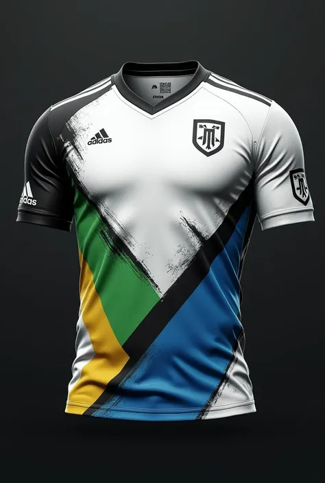 Create a white jersey with black, blue, green and yellow details for a pubg player 