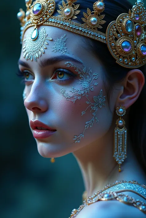 Jewelry Ornaments  ,   fantastic head ornaments with crown  ,  intricate details ,  super realistic, diamonds, rubies, sapphires, emeralds, neck, arms, earrings, all very intricate, Originality , retrato ultra detallado,  beautiful woman very similar to Sc...