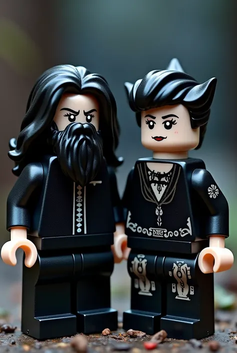  lego for men with a beard and long black hair .  next to LEGO for women with a pixie-style haircut. dark gothic clothing 