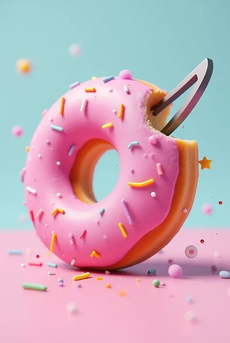 A pink donut with a springo bitten by a razor