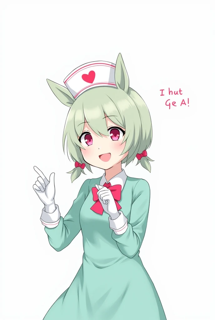  score_9, score_8_up, score_7_up, 1 girl, animal_ear, Aqua_ dress, , Gloves, hair_between_eye,  Heart Shape _pupils,  high definition , light_green_hair, length_sleeve,  watching _in_ viewer, low_ twin tails, nurse_ cap, open_mouth,  pink_ bow tie, Pong_Po...