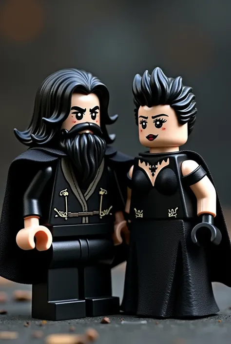 Legos for men with black beards and shoulder-length hair.  next to LEGO for women with a pixie-style haircut. dark gothic clothing 