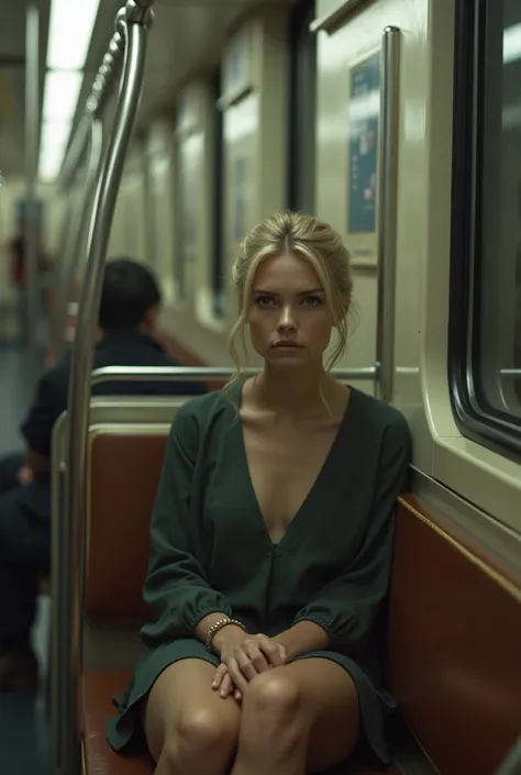 A blond woman sitting on the subway 