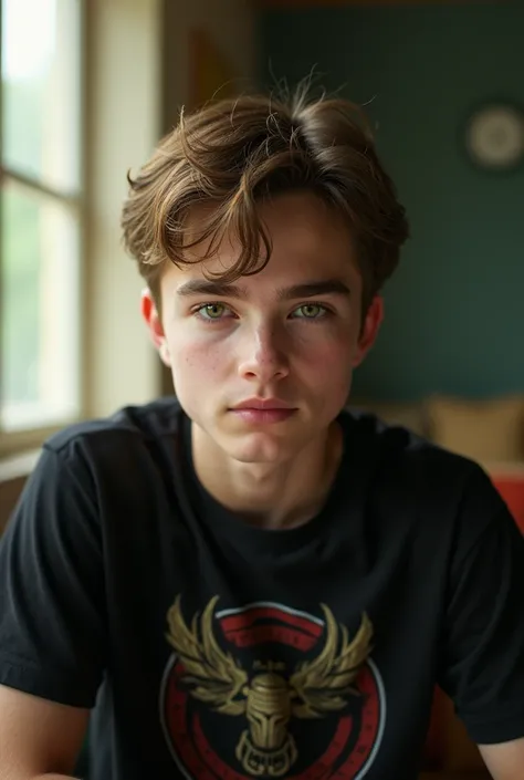  A colorful and intricate Ultra-HD portrait, a 15-year-old boy ,  short brown hair ,  green eyes ,  detailed face, Dressed in the black t-shirt,  with an All Heroes logo  ,  in a room with a window . without plants,  epic character composition , Tobey magu...