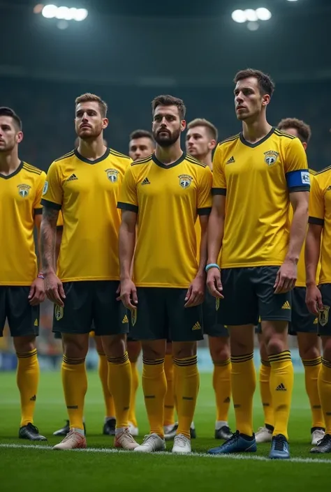 Soccer team wearing yellow jersey with black list sad

