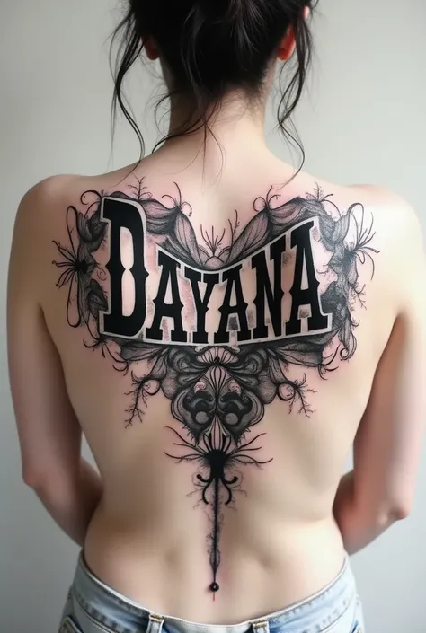 A tattoo that says Dayana in an abstract drawing 