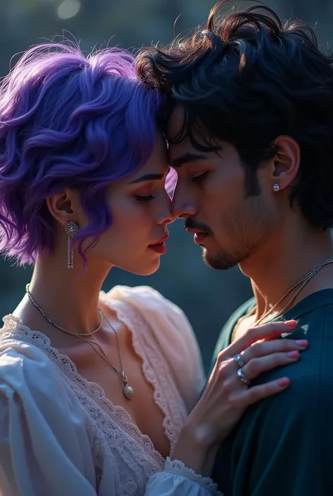 Magical,   Persian lovers,  look deep into each others eyes, The dark  , short hair, She purple long  , Wavy hair,  full body image, eye-catching silver earrings the couples energetic bond