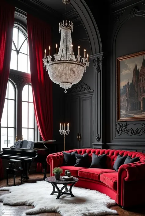 Living Room

“An opulent gothic-inspired living room with a vaulted ceiling and towering arched windows framed by heavy red velvet curtains. A luxurious red velvet chesterfield sofa with black cushions sits on a plush white fur rug, providing a stark yet e...