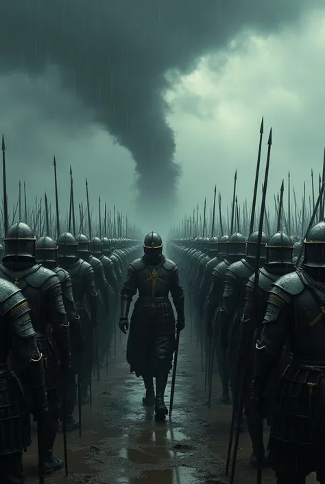  Countless soldiers holding swords shields and spears,   marching towards war  ,  dark and cloudy sky gold tights , a very heavy rain  ,  in the background more soldiers are approaching , great lighting,   details of the wet armor  ,  detail of the wet gro...