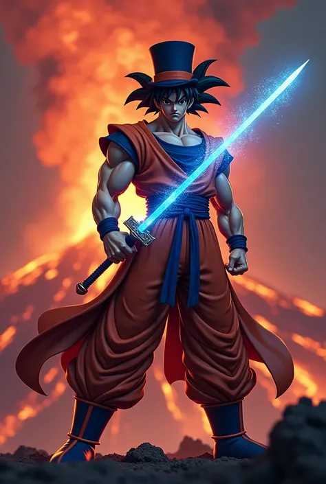 Fusion of Goku and Van Helsing wearing a small top hat and holding a sword with blue sparkles on an erupting volcano 