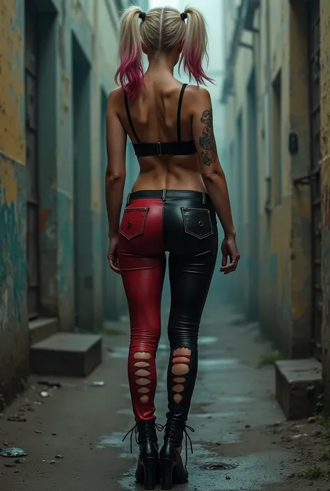 Harley Quinn showing her character , giant breasts, curvy body,in an alley with shabby walls, empty hands ,backview, Medium shot , pants with huge rips 