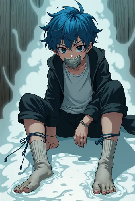 Stone statue , wallpaper,Милый boy,  showing off its legs from a low angle，Sports socks ， dirty socks ,  blue hair,这个男孩有一头蓝色的短发和 black eyes .， black eyes ， white t-shirt， black jacket and black pants ， best size , very detailed, masterpiece,  extremely det...