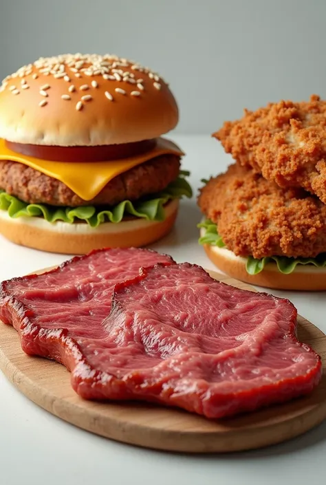  create an image showing 4 types of meat for hamburgers, 2 of them fried chicken and 2 of beef 