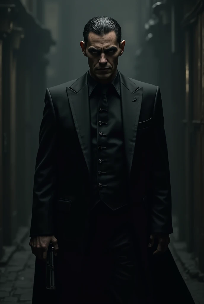 A kind of villain ,  in a black suit and with a dark background 