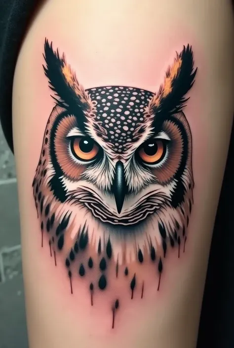 Create a pointillism tattoo with an owls head as a drawing 
