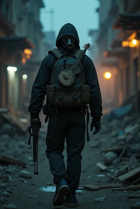 Post apocalyptic night image from urban Athens GREECE. The man wears masks to avoid being poisoned from the air and carries a baglama instrument (a small instrument with a small neck from rebetiko tranditional music) in his backpack that survived from the ...