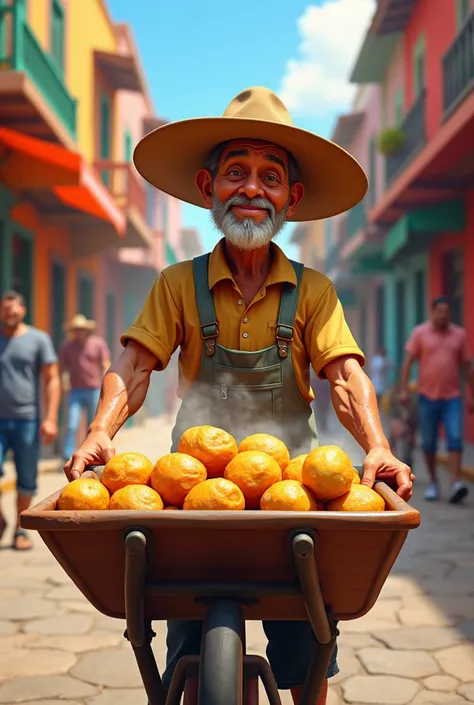 Brown man pushing a wheelbarrow that sells animated Mexican tamales 
