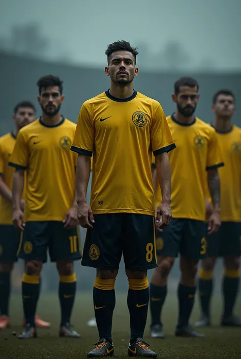 A soccer team in a sad yellow and black uniform
