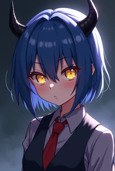 Anime girl with indigo short hair and yellow eyes with black devil horns