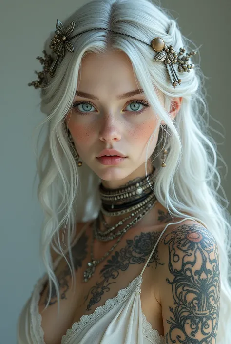 A portrait of a young woman with an ethereal and detailed appearance. She has long, silvery hair adorned with intricate ornaments, such as metal threads, leather pieces, and decorative elements. Her skin is fair with delicate freckles, highlighting piercin...