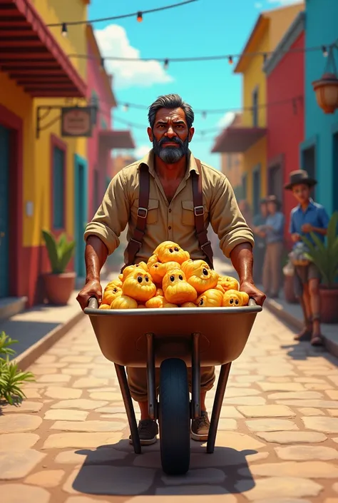 Hombre 
Moreno pushing a wheelbarrow that sells animated Mexican tamales 
