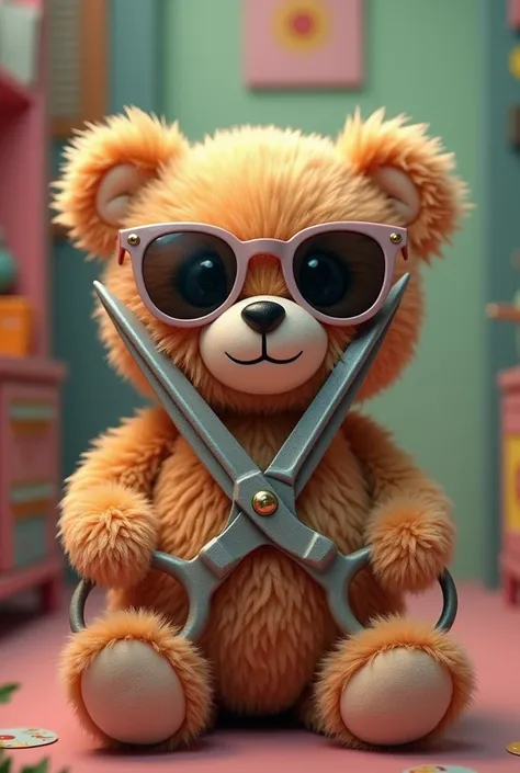 Teddy bear with sunglasses holding giant scissors 