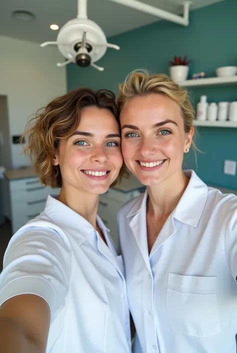 I took a selfie Im 19 years old short wavy untidy hair Im 1 , 85 together with my aunt Paz she is a dentist she is a blonde thick build blue eyes we both wear white dentistry uniforms we are in a dental office 